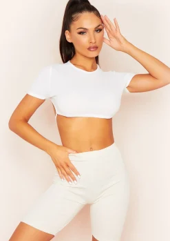 Mandy White Tie Back Cropped Ribbed T-Shirt^Missy Empire Fashion