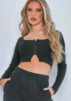 Manny Black Contour Rib Cropped Hook And Eye Long Sleeve Top^Missy Empire Shop