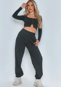 Manny Black Contour Rib Cropped Hook And Eye Long Sleeve Top^Missy Empire Shop