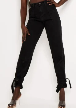 Margot Black Wash Denim Tie Ankle Mom Jeans^Missy Empire Discount