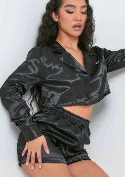 Shop Maria Black Missy Embroidered Cropped Shirt Satin Pj Short Set Women Nightwear