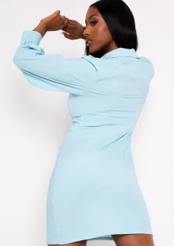 Cheap Maria Blue Ruched Front Shirt Dress Women Dresses