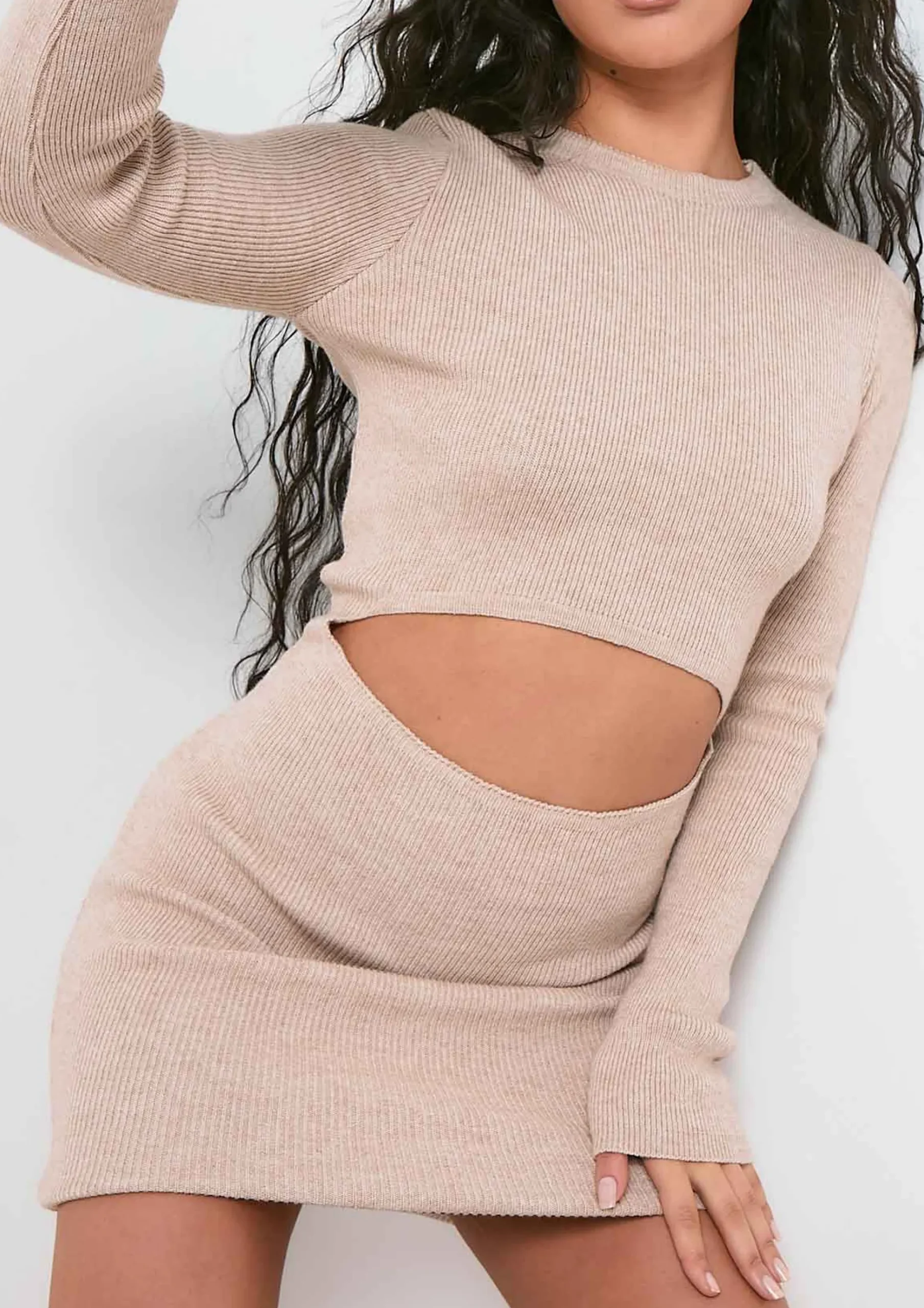 Discount Marina Beige Knitted Cut Out Long Sleeve Mini Dress Women Dresses