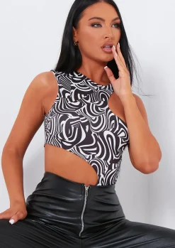 Marina Abstract Slinky Cut Out Panel Bodysuit^Missy Empire Discount
