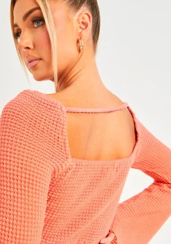 Mariss Peach Waffle Knit Lettuce Hem Square Neck Crop Top^Missy Empire Shop