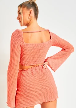 Mariss Peach Waffle Knit Lettuce Hem Square Neck Crop Top^Missy Empire Shop