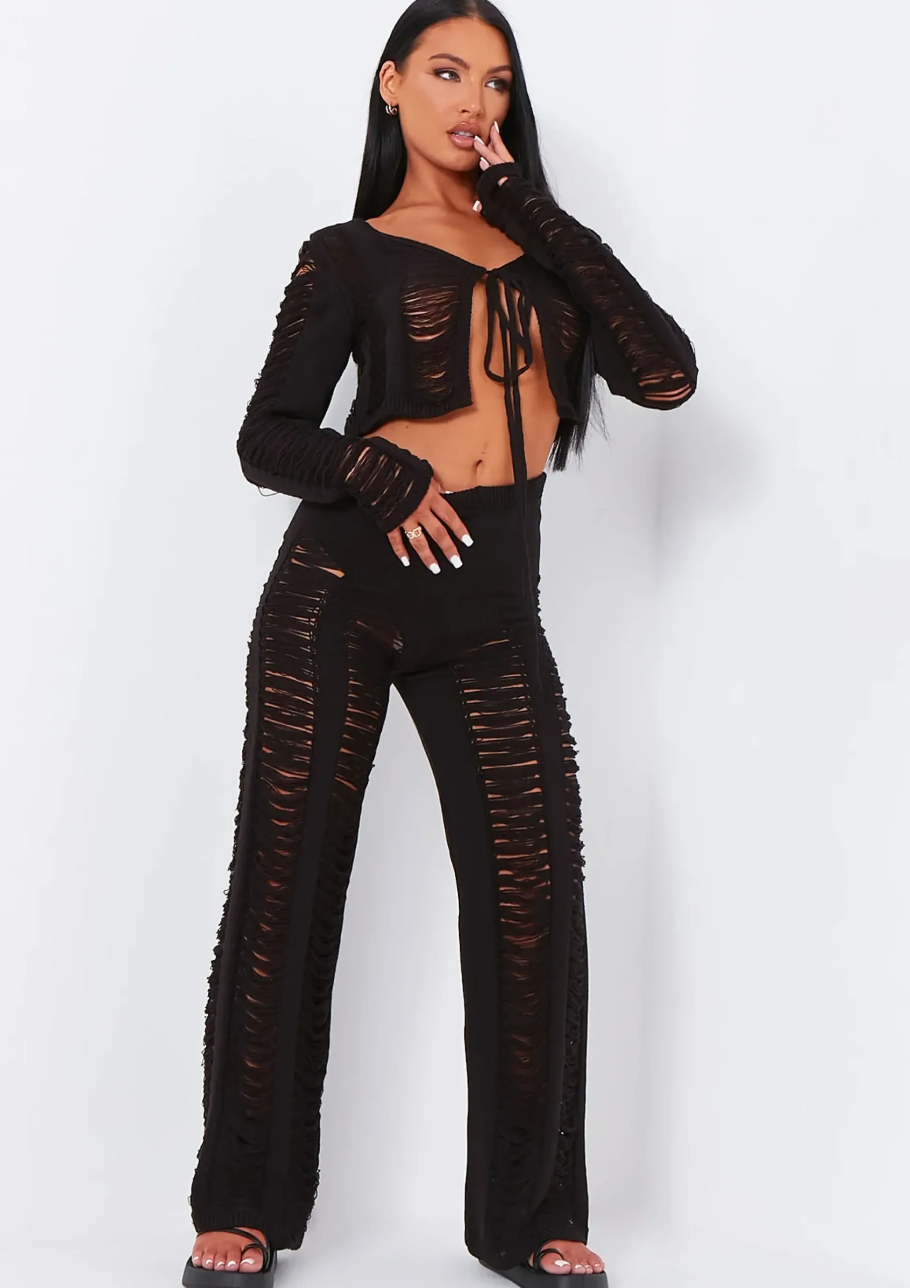 Sale Marla Black Laddered Knitted Trousers Women Trousers