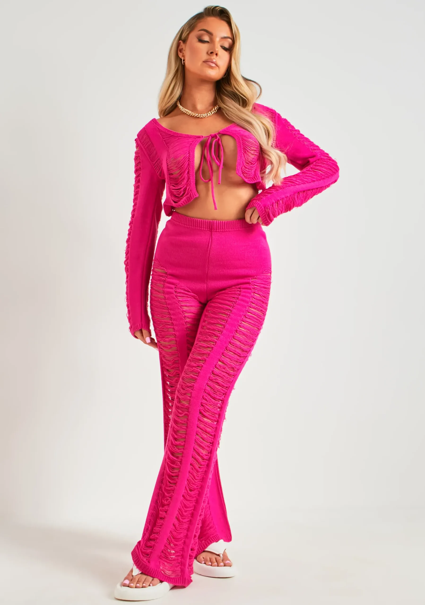 Cheap Marla Pink Laddered Knitted Trousers Women Trousers