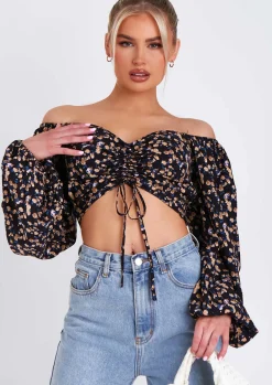 Marla Floral Print Ruched Balloon Sleeve Cropped Blouse^Missy Empire Fashion