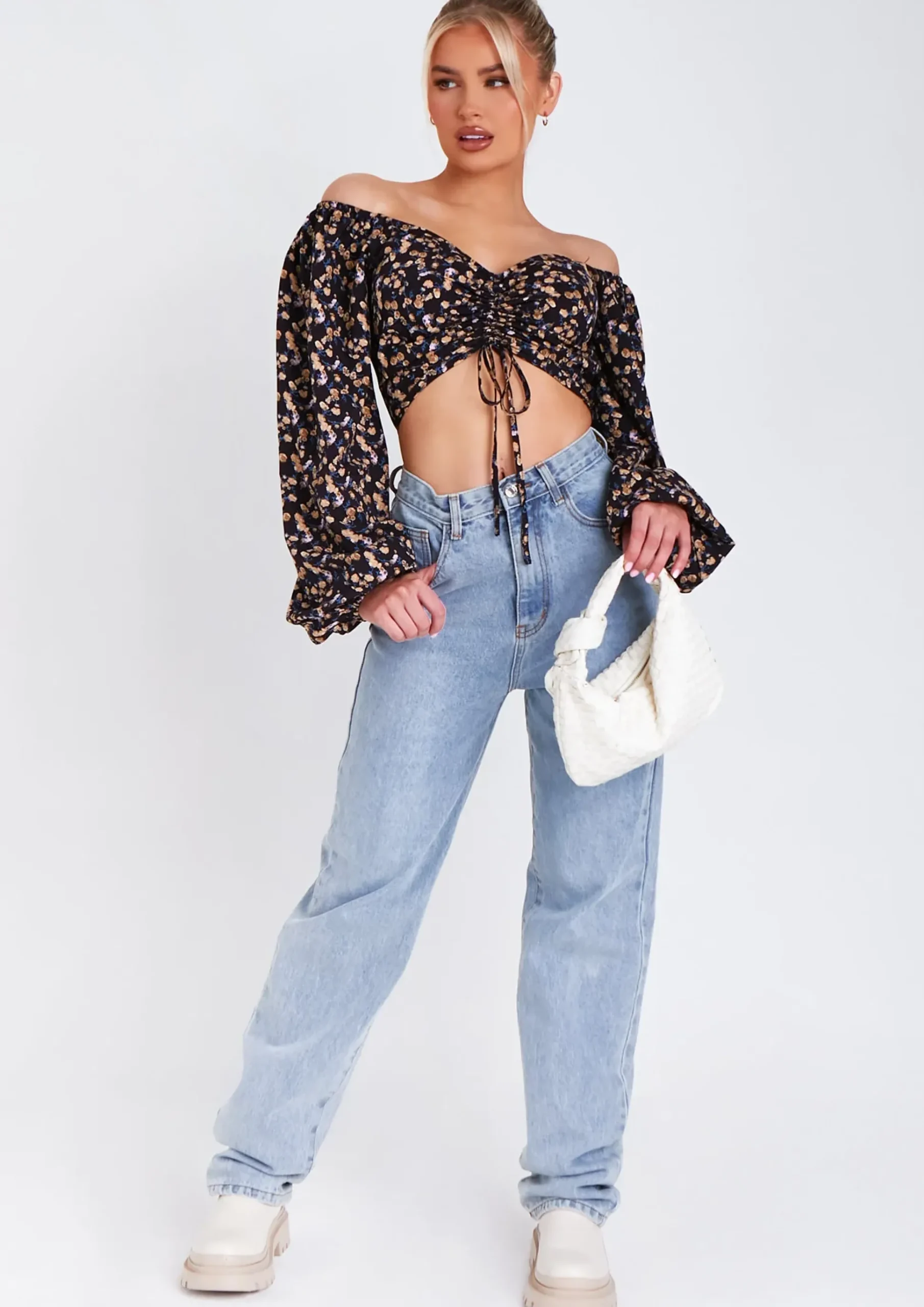 Marla Floral Print Ruched Balloon Sleeve Cropped Blouse^Missy Empire Fashion