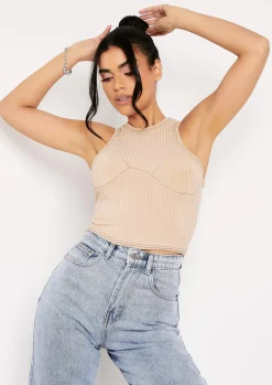 Marni Beige Contrast Stitch Cupped Racer Ribbed Crop Top^Missy Empire Fashion