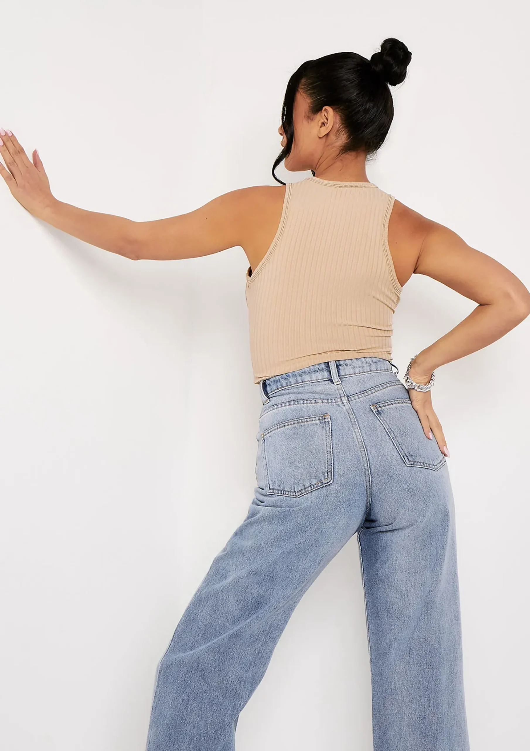 Marni Beige Contrast Stitch Cupped Racer Ribbed Crop Top^Missy Empire Fashion