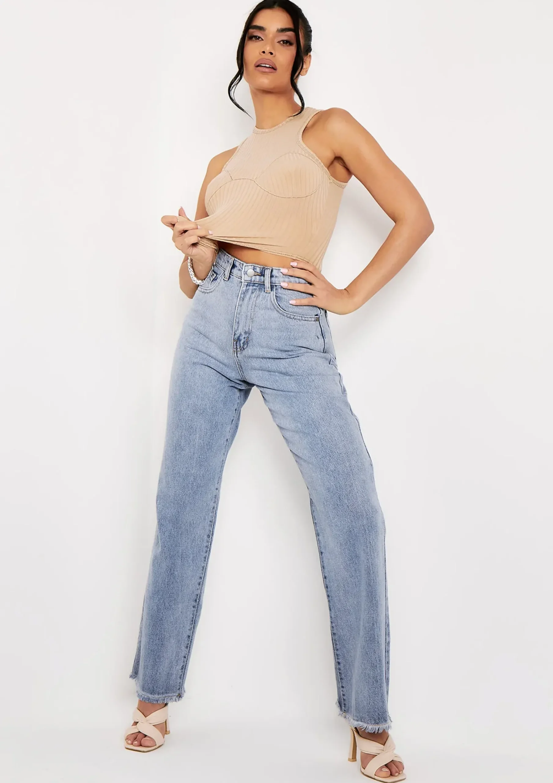 Marni Beige Contrast Stitch Cupped Racer Ribbed Crop Top^Missy Empire Fashion