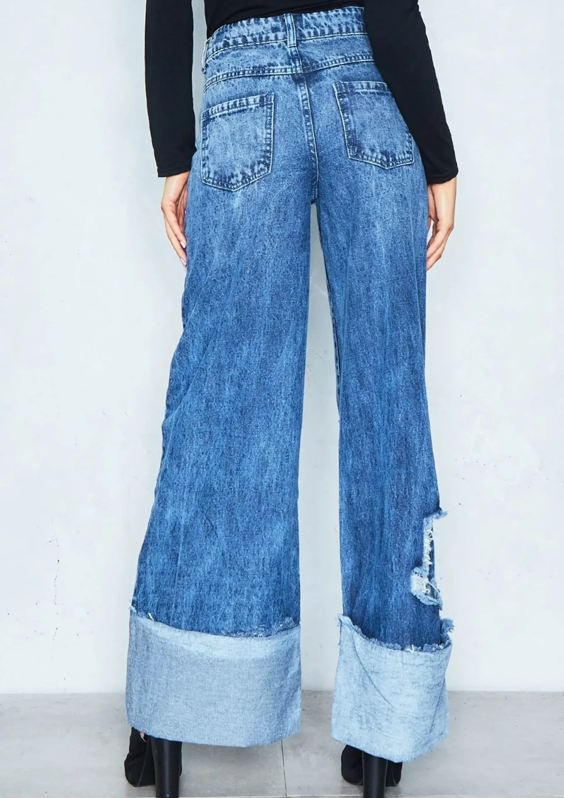 Martha Denim Wide Leg Distressed Turn Up Jeans^Missy Empire Outlet