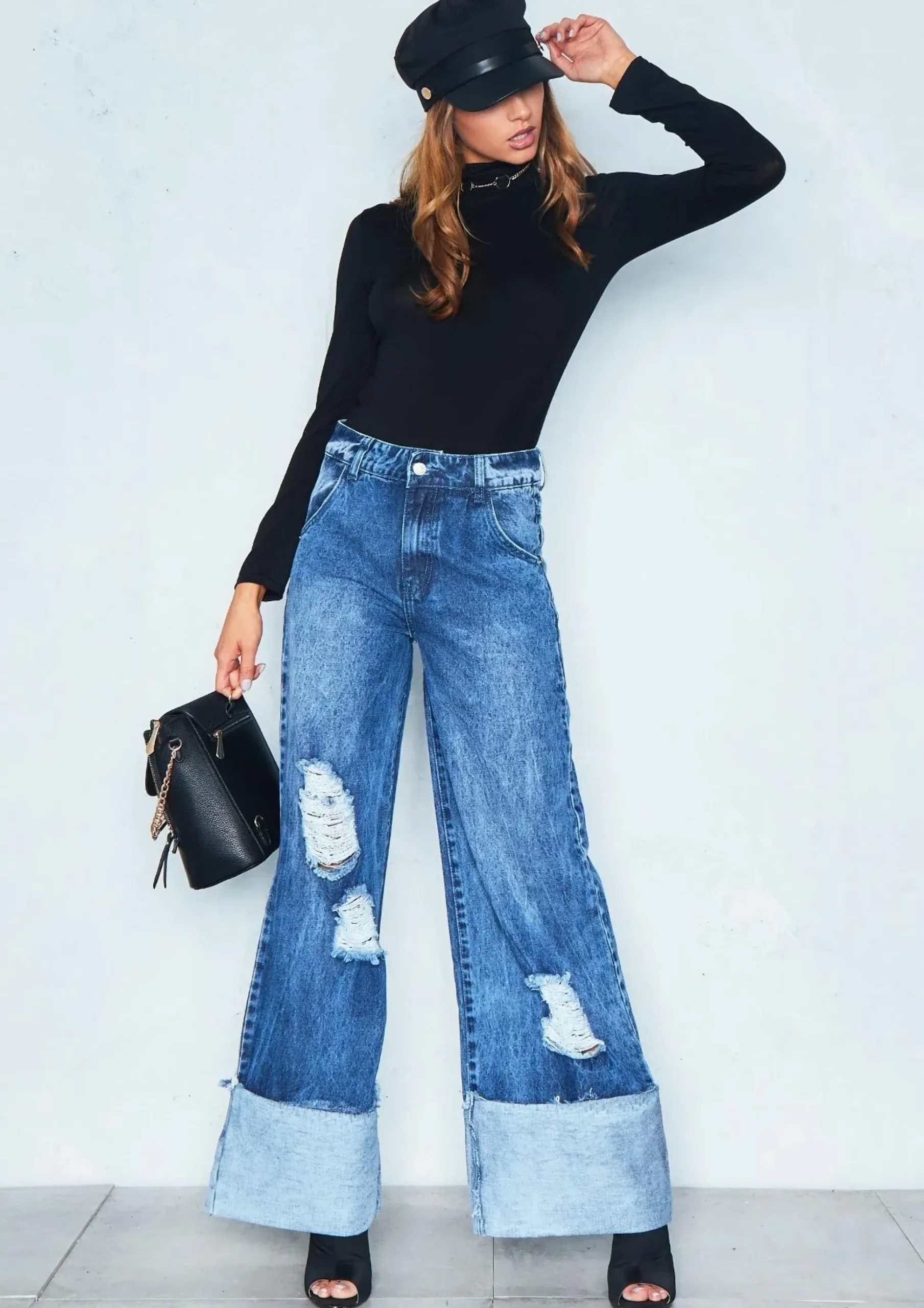 Martha Denim Wide Leg Distressed Turn Up Jeans^Missy Empire Outlet