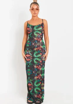 Discount Marty Black Abstract Printed Mesh Cowl Neck Maxi Dress Women Dresses
