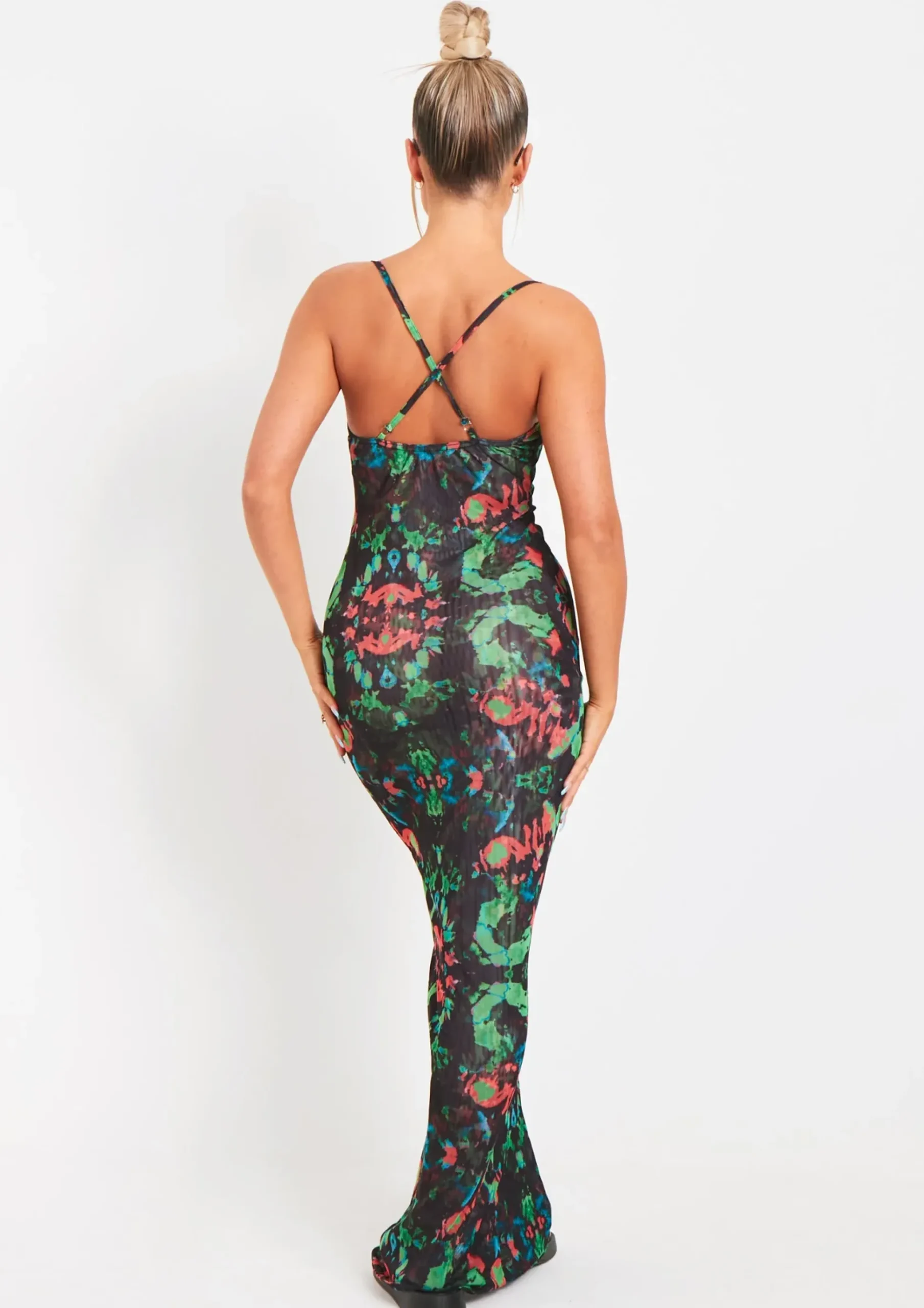 Discount Marty Black Abstract Printed Mesh Cowl Neck Maxi Dress Women Dresses