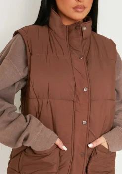 Mary Chocolate Pocket Detail Sleeveless Padded Gilet^Missy Empire Flash Sale