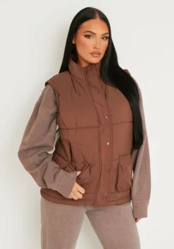 Mary Chocolate Pocket Detail Sleeveless Padded Gilet^Missy Empire Flash Sale