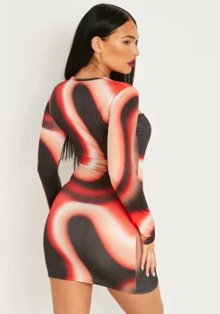 Online Maryse Red Printed Slinky Cut Out Long Sleeve Mini Dress Women Dresses