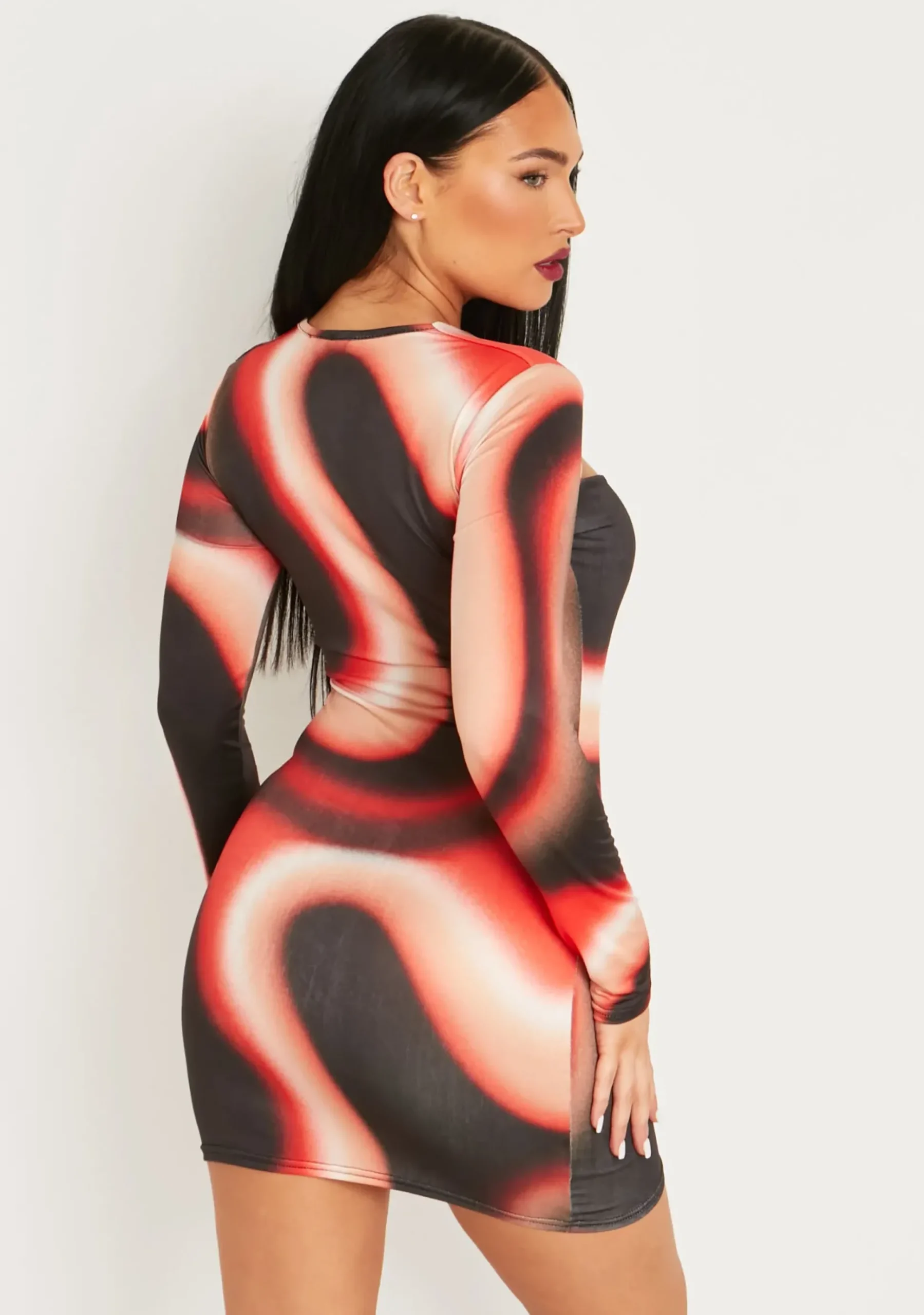 Online Maryse Red Printed Slinky Cut Out Long Sleeve Mini Dress Women Dresses