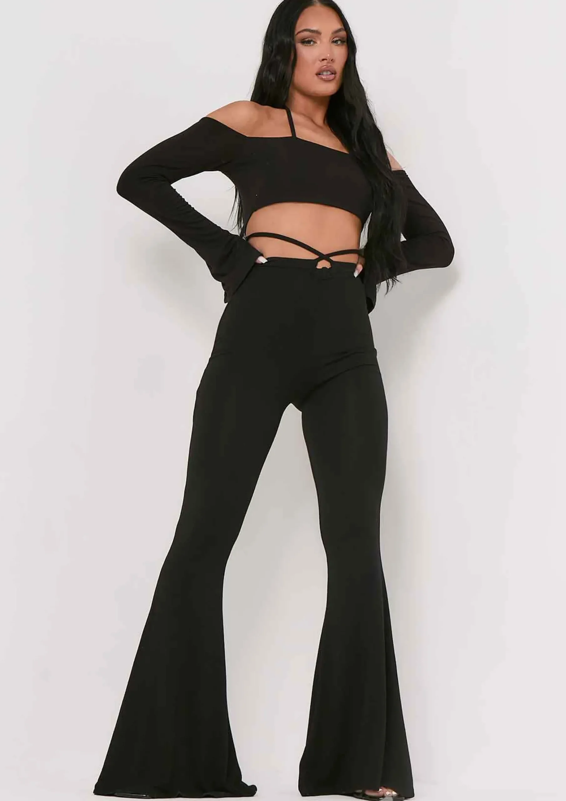 Maura Black Bardot Halterneck Strap Split Sleeve Crop Top^Missy Empire Discount