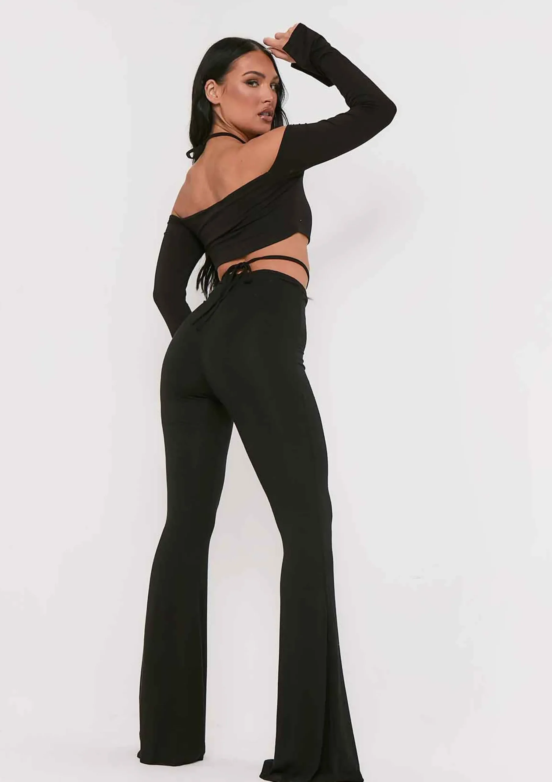 Maura Black Bardot Halterneck Strap Split Sleeve Crop Top^Missy Empire Discount