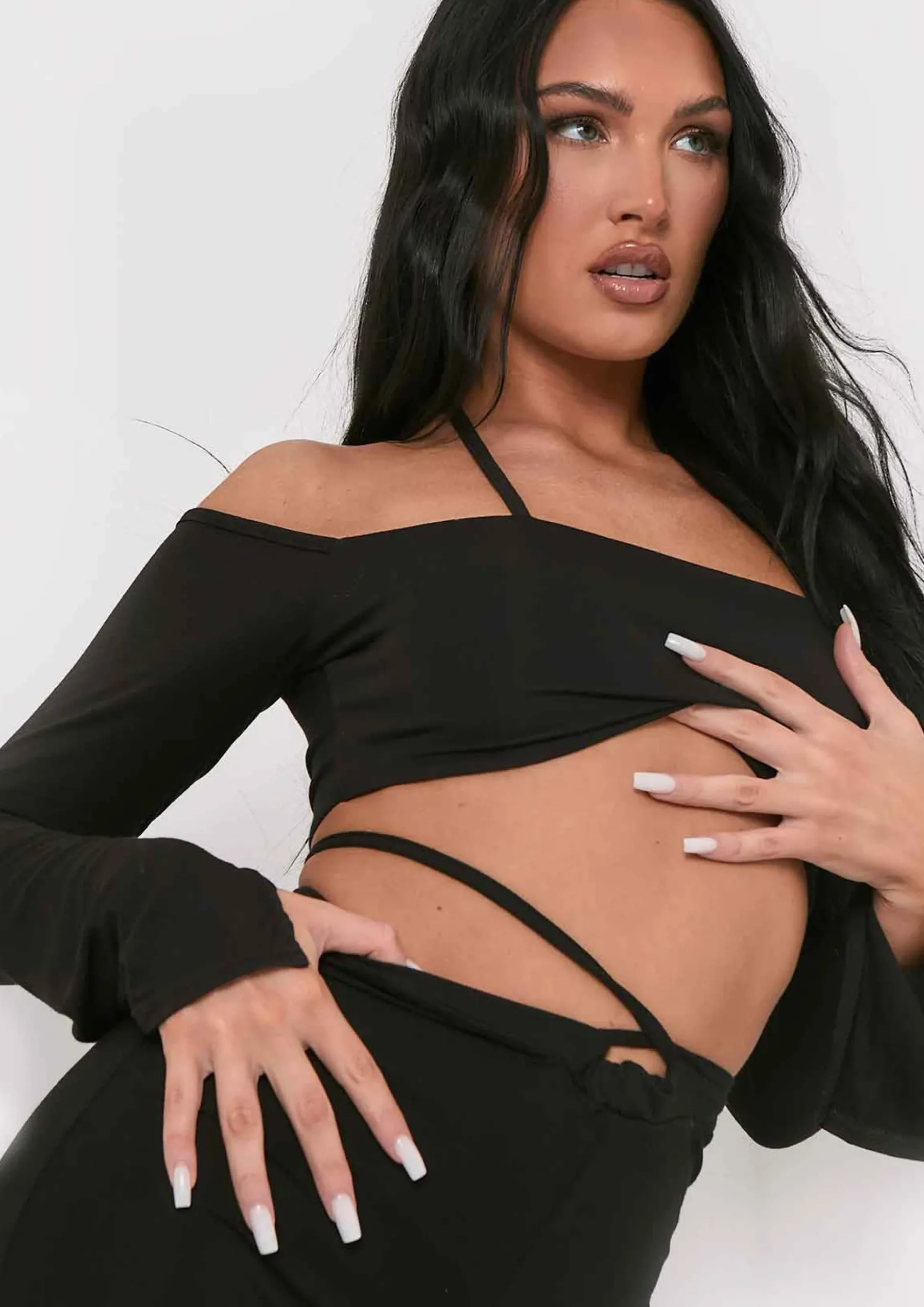 Maura Black Bardot Halterneck Strap Split Sleeve Crop Top^Missy Empire Discount