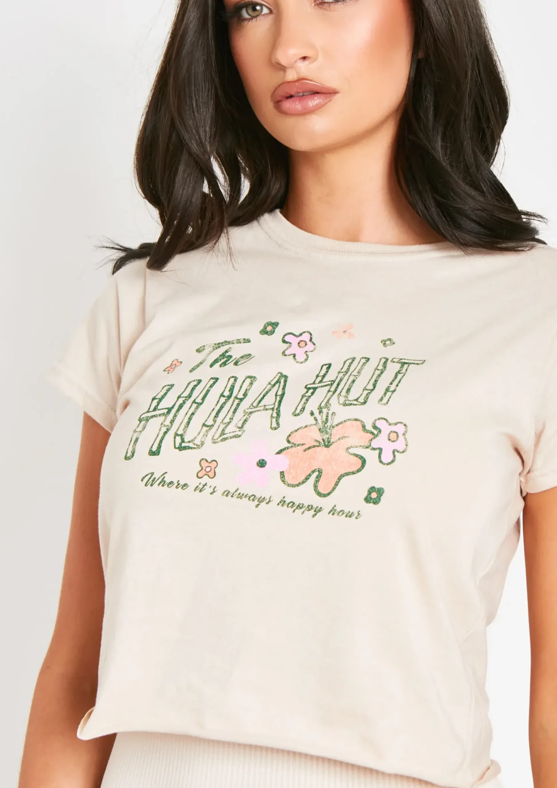 Maya Sand The Hula Hut Cropped Graphic T-Shirt^Missy Empire Fashion
