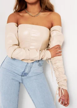 Megan Stone Ruched Arm Pu Corset Top^Missy Empire Clearance
