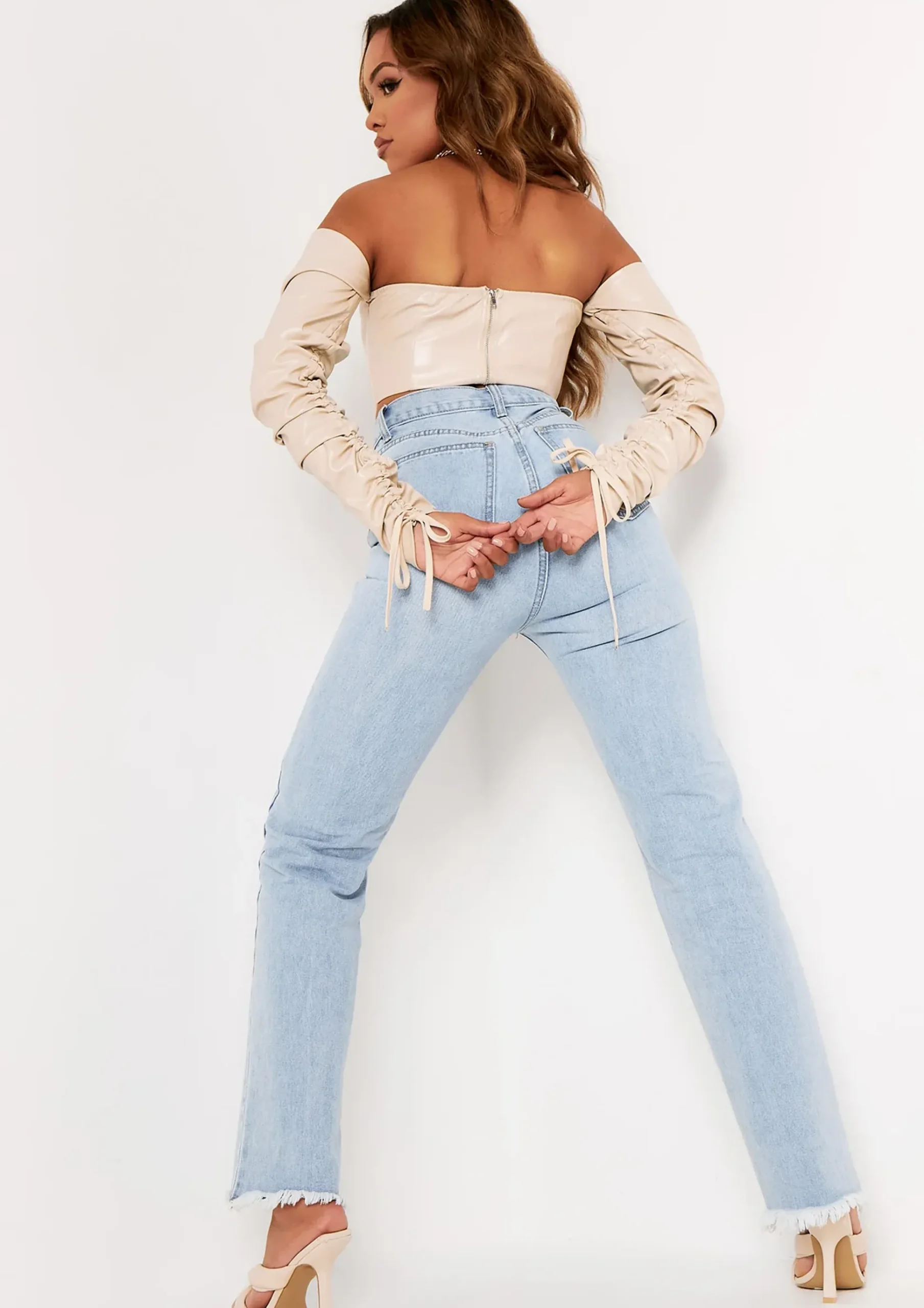 Megan Stone Ruched Arm Pu Corset Top^Missy Empire Clearance