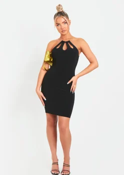 Online Meg Black Chain Neck Double Layer Mini Dress Women Dresses
