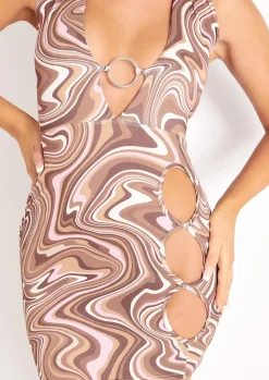 Best Sale Melina Brown Swirl Print Halterneck Plunge Ring Detail Cut Out Mini Dress Women Dresses