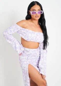 Meriah Lilac Floral Print Bardot Long Sleeve Crop Top^Missy Empire Online