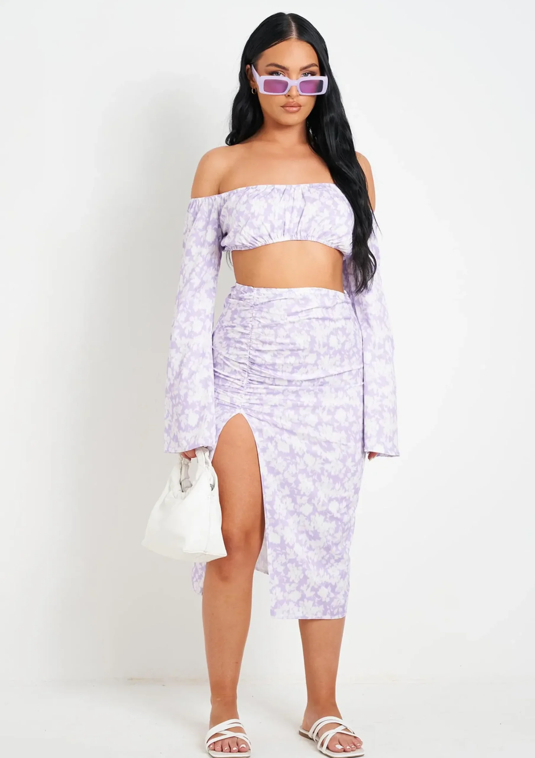 Meriah Lilac Floral Print Bardot Long Sleeve Crop Top^Missy Empire Online