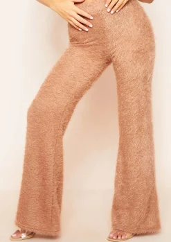 Clearance Meya Tan Fluffy Knit Wide Leg Trousers Women Trousers