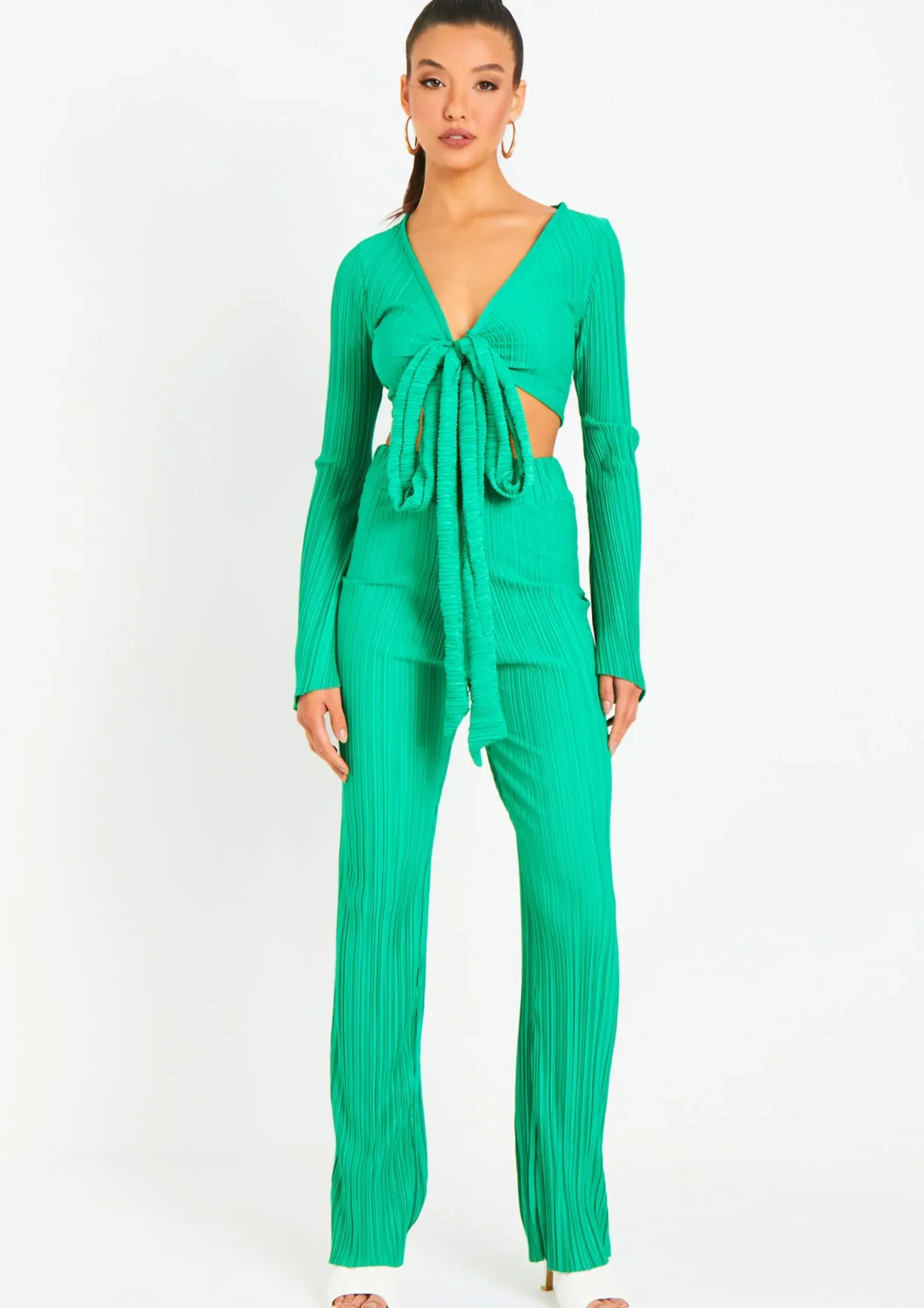 Cheap Mia Green Plisse High Waisted Trouser Women Trousers