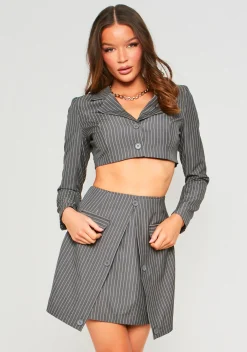 Mia Charcoal Striped Tailored Button Up Asymmetric Mini Skirt^Missy Empire Fashion