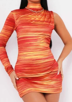Hot Mia Orange One Sleeve High Neck Mini Dress Women Dresses