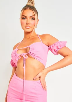 Michaela Pink Linen Tie Front Halter Neck Crop Top^Missy Empire Shop
