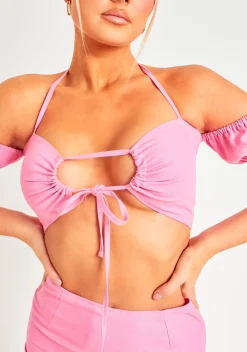 Michaela Pink Linen Tie Front Halter Neck Crop Top^Missy Empire Shop