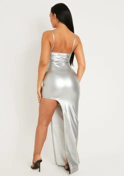 Cheap Mikayla Silver Leather Look Strappy Metallic Maxi Dress With Side Split Women Dresses