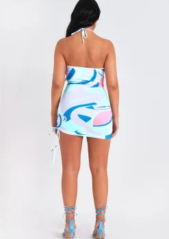 New Mila Blue Halter Neck Cross Over Side Ruched Mini Dress Women Dresses