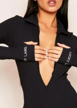 Flash Sale Miley Black Ribbed High Neck Slogan Zip Jumpsuit Women Jumpsuits & Playsuits