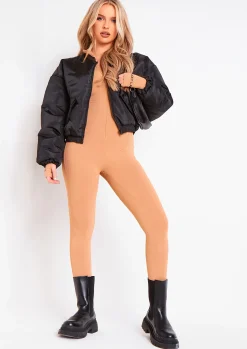 Discount Miley Camel Ribbed High Neck Slogan Zip Jumpsuit Women Jumpsuits & Playsuits