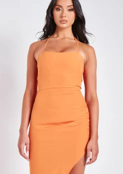 Best Sale Millie Orange Halter Neck Slit Midi Dress Women Dresses