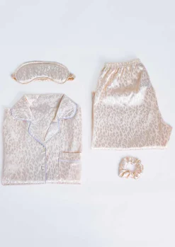 Online Mimi Cream Leopard Jacquard Print 4 Piece Printed Pyjama Set Women Nightwear