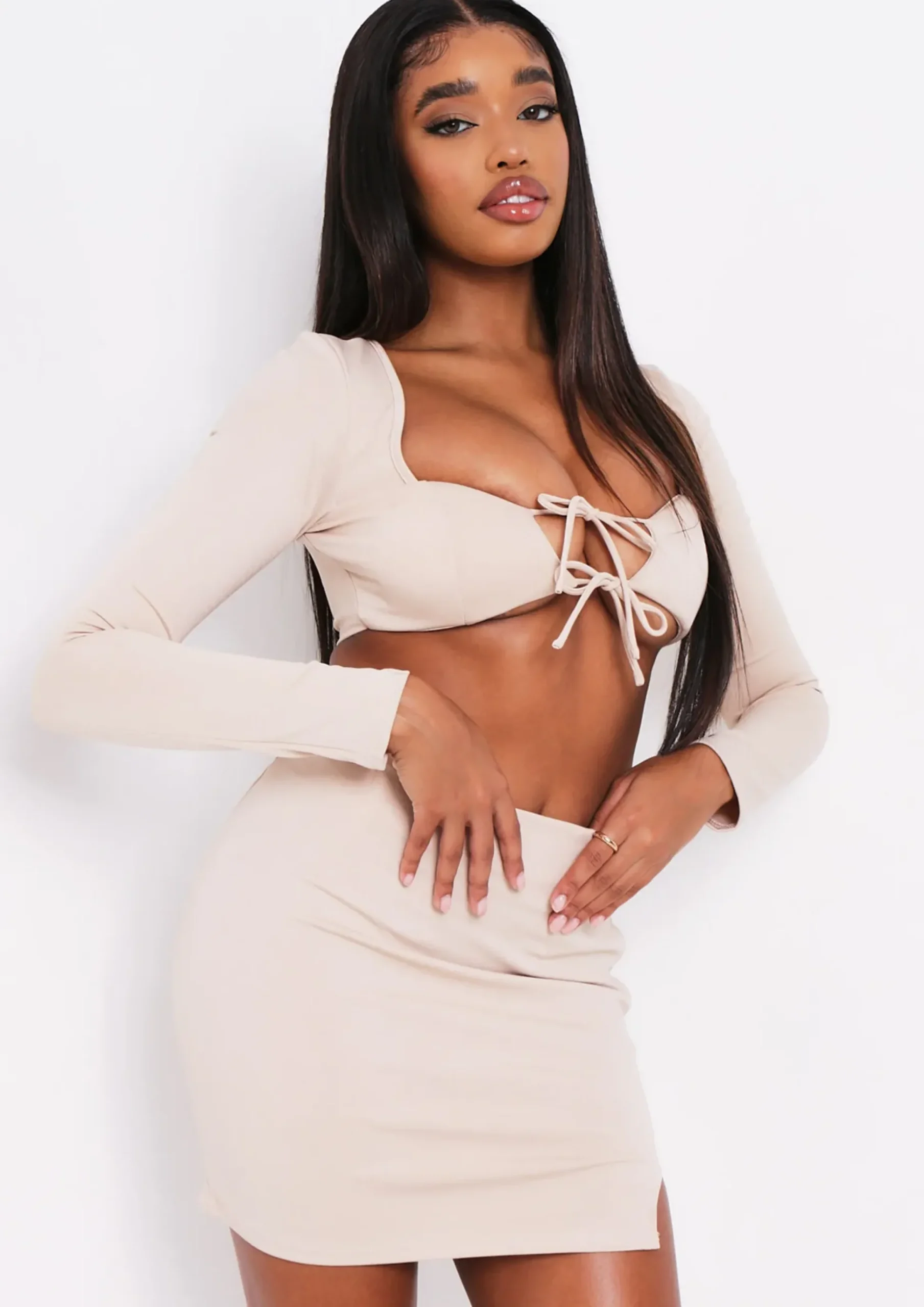 Mina Beige Tie Up Cut Out Long Sleeve Crop Top^Missy Empire Hot