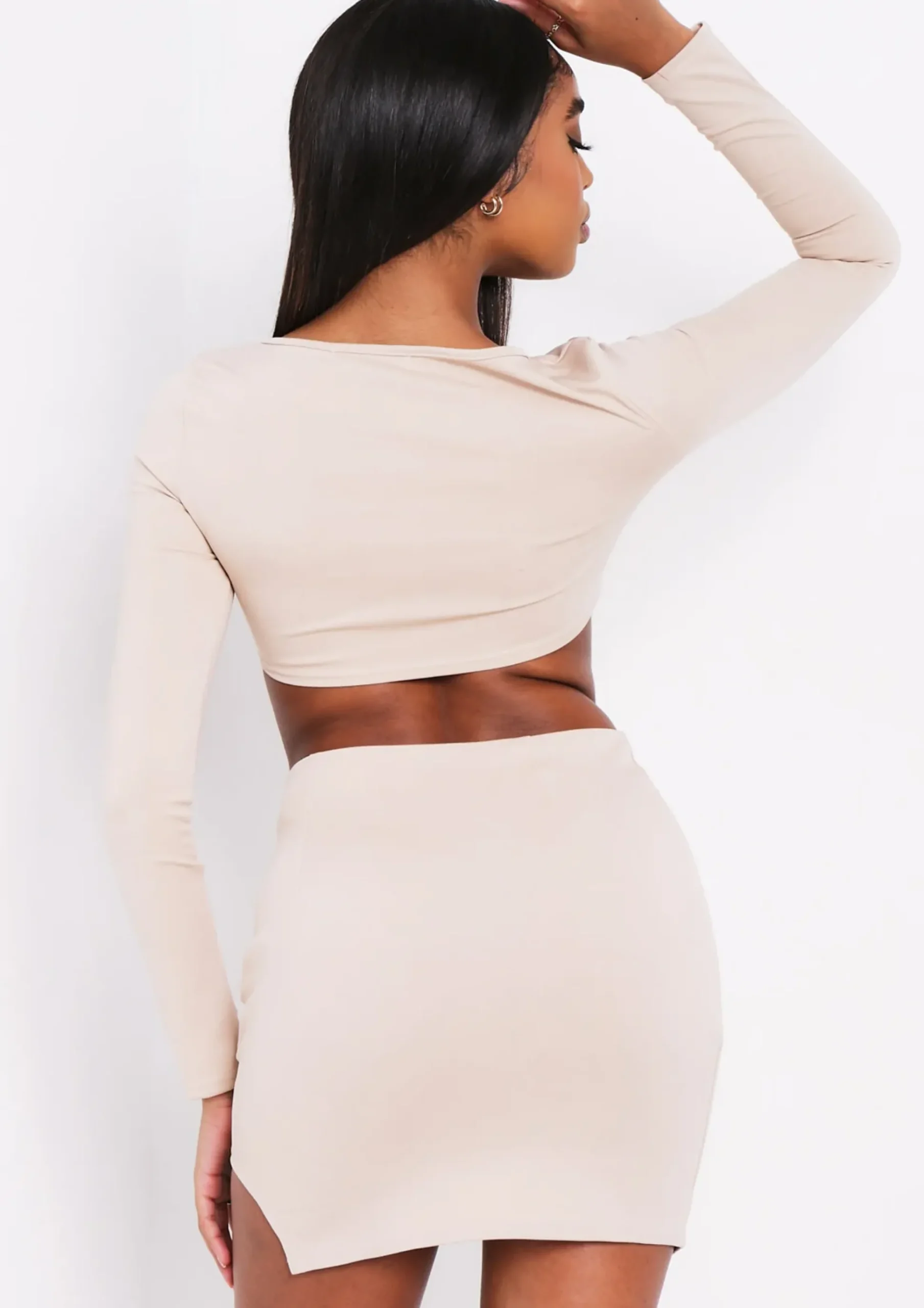 Mina Beige Tie Up Cut Out Long Sleeve Crop Top^Missy Empire Hot