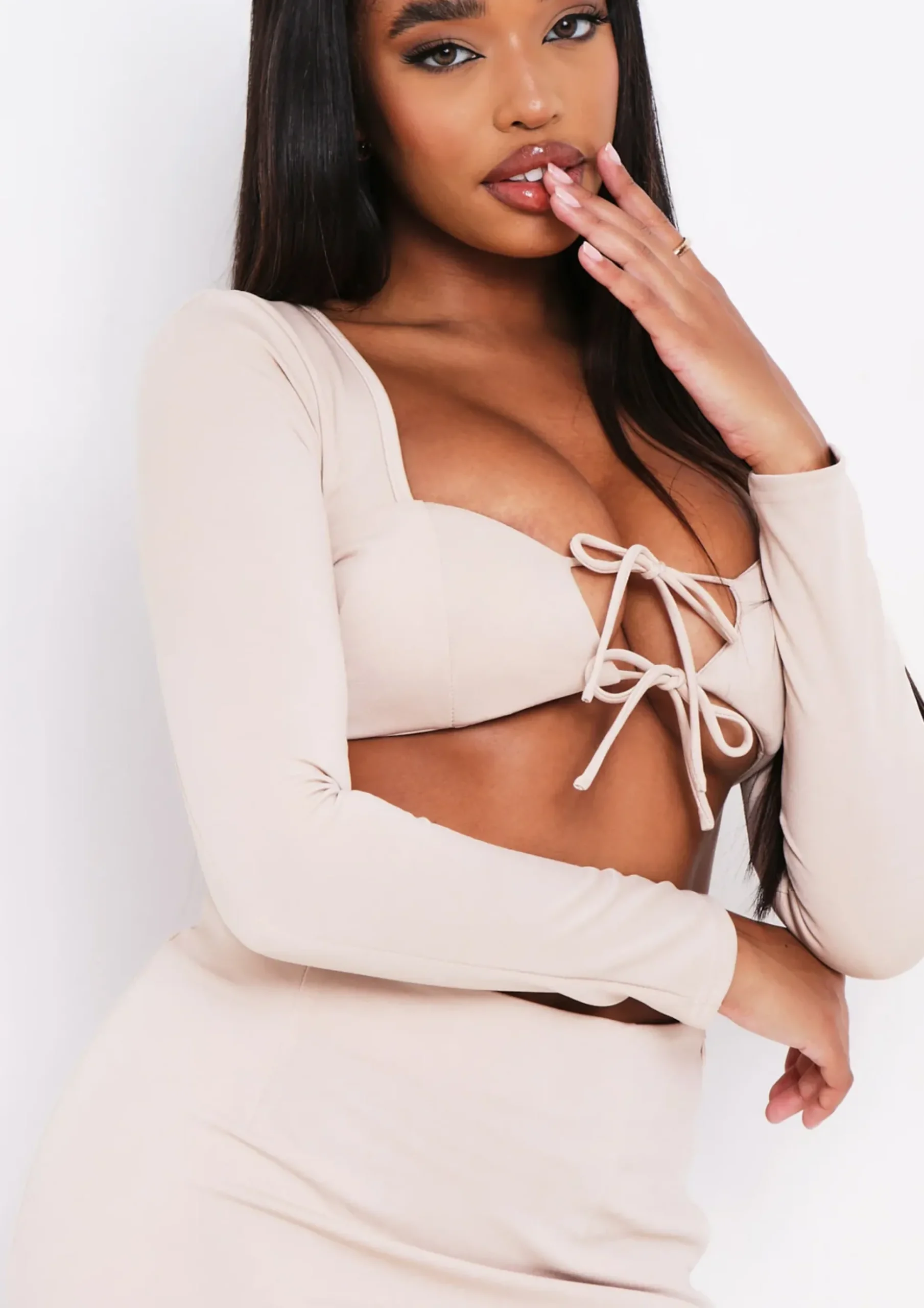 Mina Beige Tie Up Cut Out Long Sleeve Crop Top^Missy Empire Hot